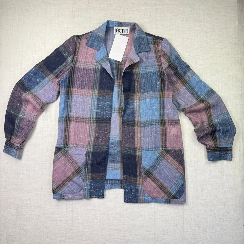 VTG Act III Plaid Light Jacket Medium Womens Multi Color Open Front Pockets USA - Picture 1 of 6